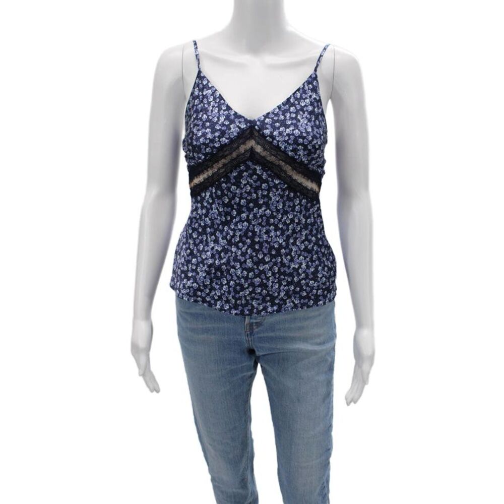 Cami Womens Camisole Dark Blue Silk V-Neck Floral Size 2XS